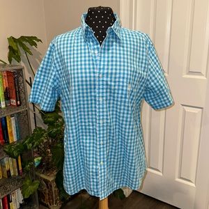 Chaps Easy Care Men's Short Sleeve Button Up Blue Teal Check Shirt